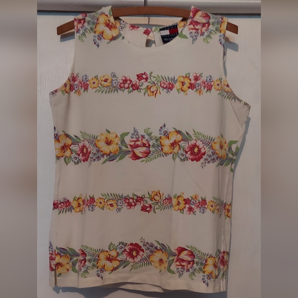 Tommy Hilfiger Cream Flowered Boxy Sleeveless Tank Top
